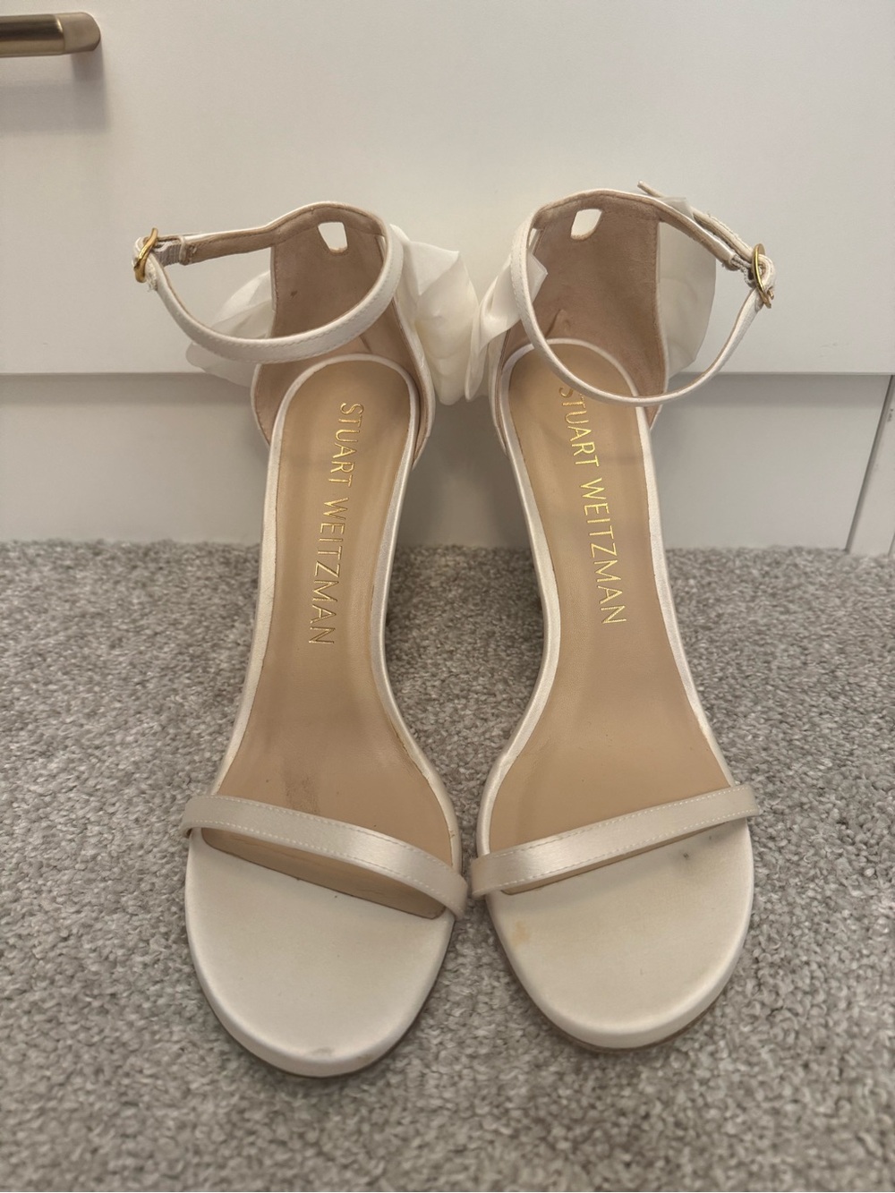 Stuart Weitzman Ivory Satin Ankle-Strap Heels with bow